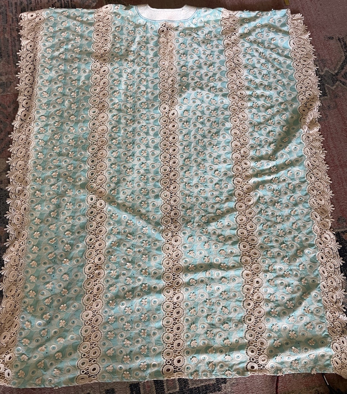 Vintage 1970s Teal Woman’s Floral Embroidery Bedazzled Caftan Dress – Unbranded