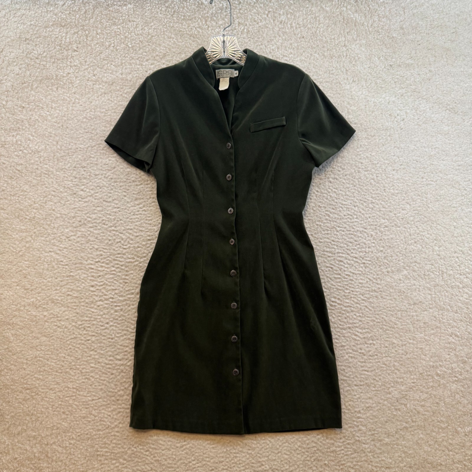 90s Vintage Sheath Dress 8 Medium Olive Green Button Blouson Retro Mod 60s