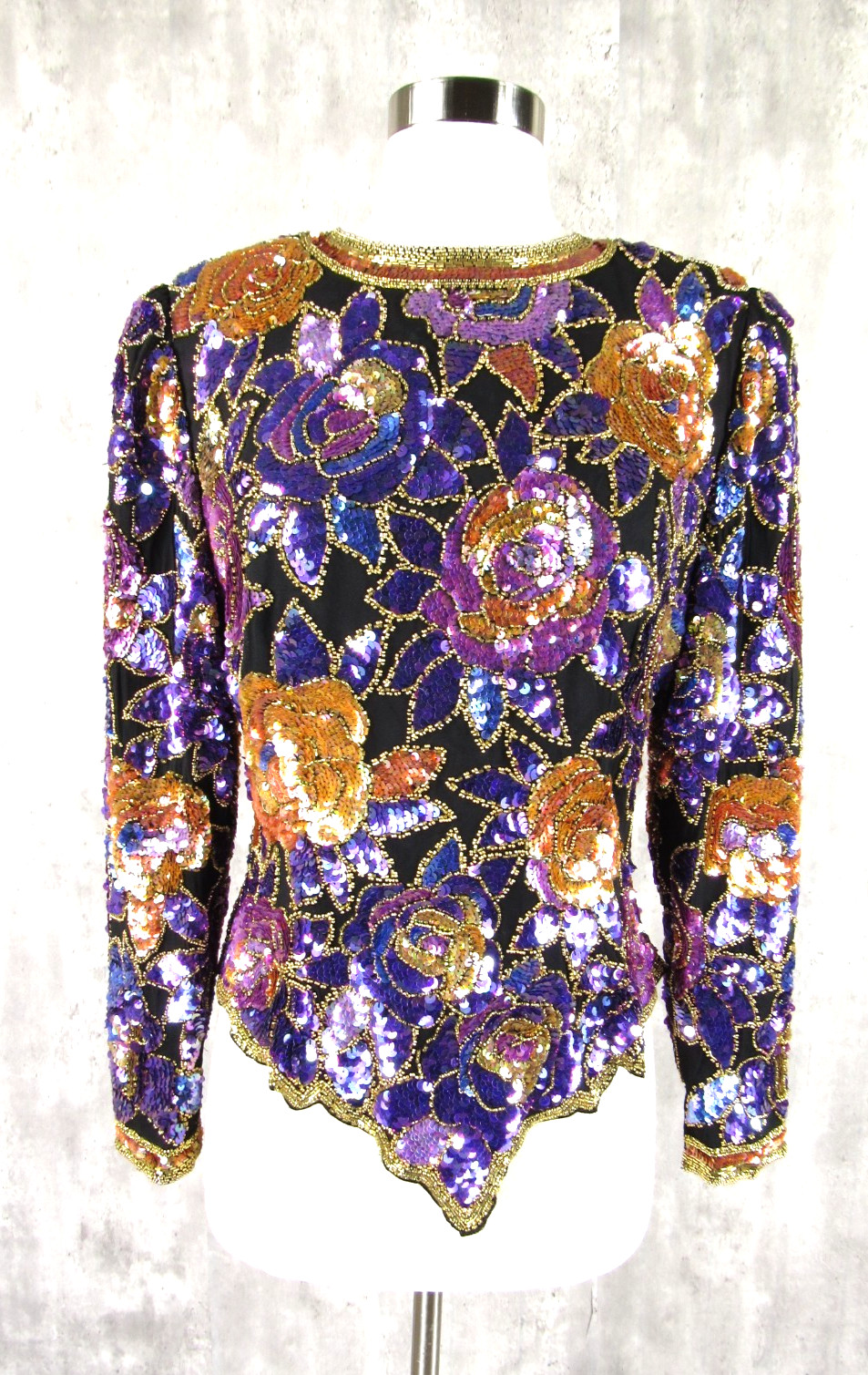 Vintage Oleg Cassini Black Tie Silk Floral Beaded Sequin Evening Top Small