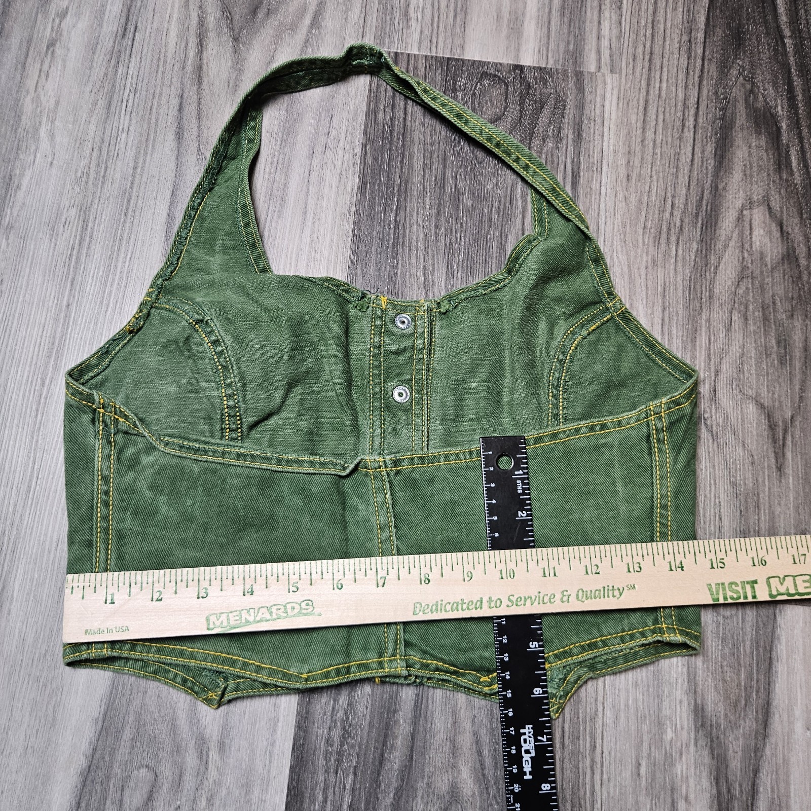 1970&rsquo;s Green Denim Halter Top Snaps Open Back Vintage Y2K Size 13