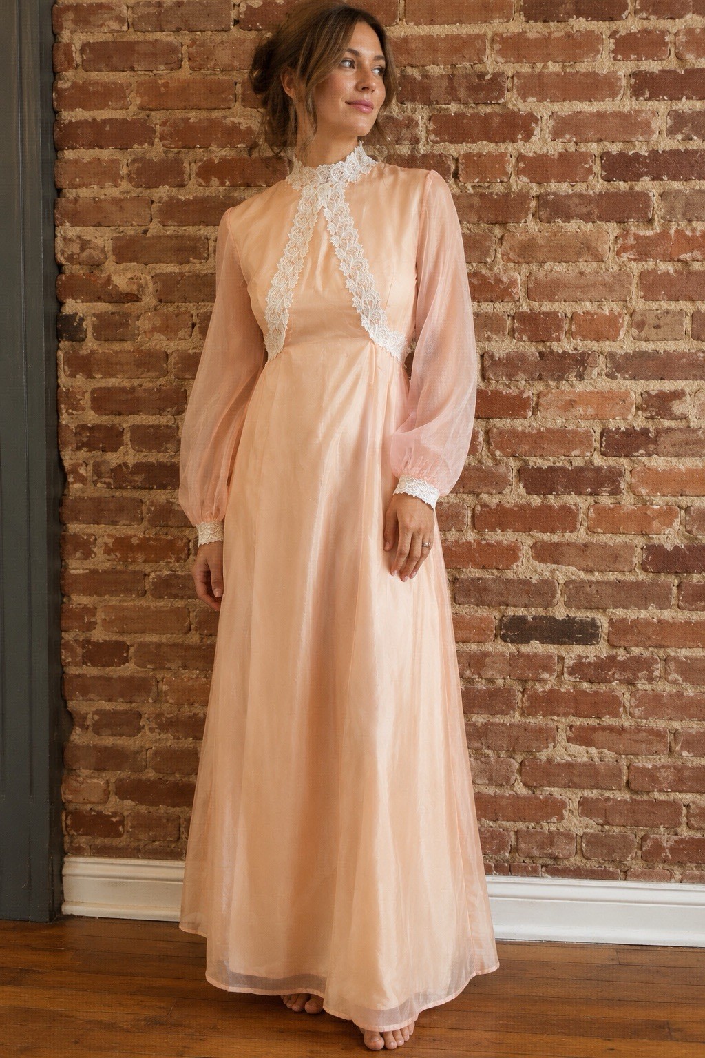 Lorrie Deb San Francisco 1970s Salmon/Peach Maxi Gown Organza Union Made Sz S