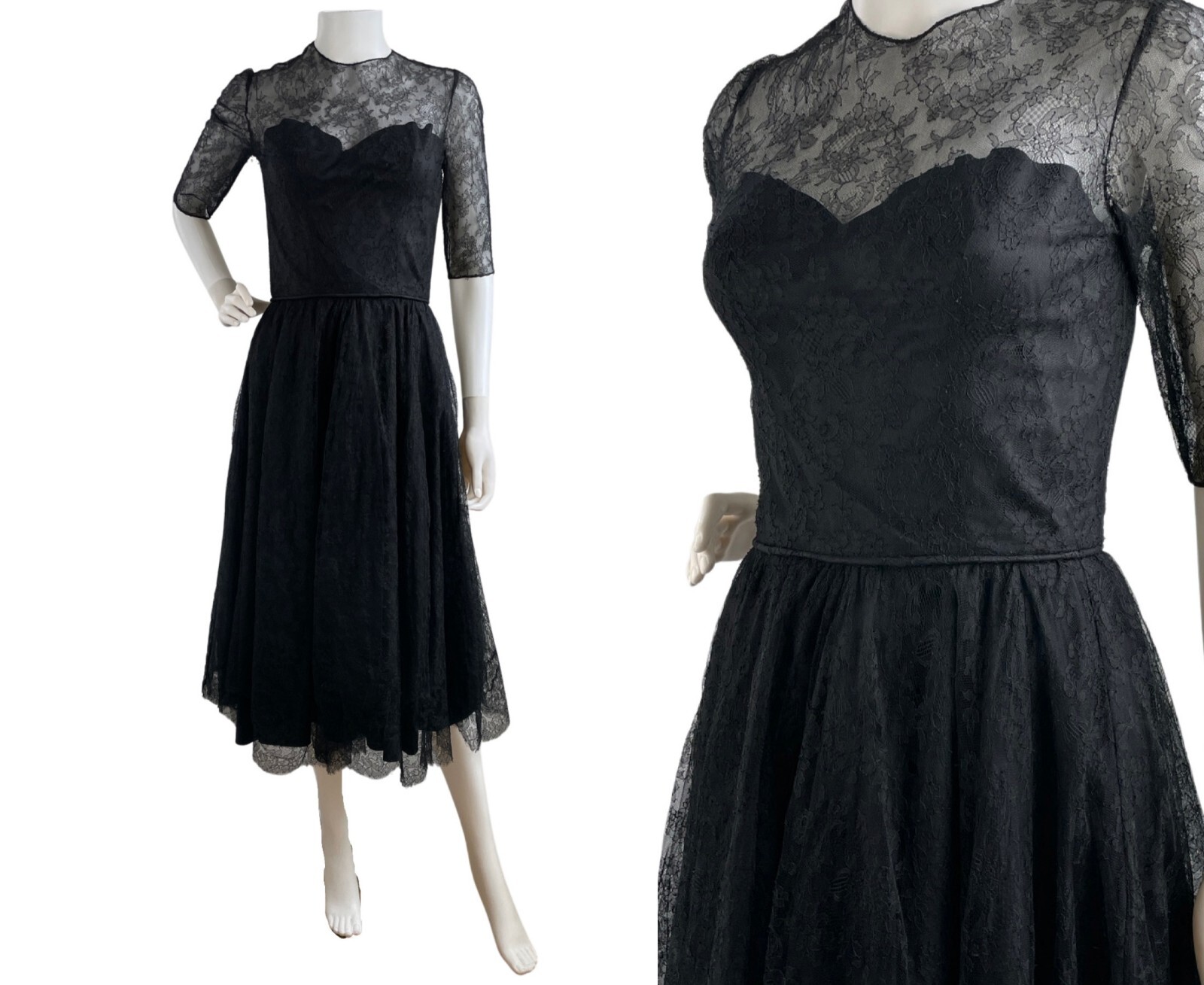 Vintage 1950s Black Dress Lace Crinoline Fit & Flare Special Occasion Size XS