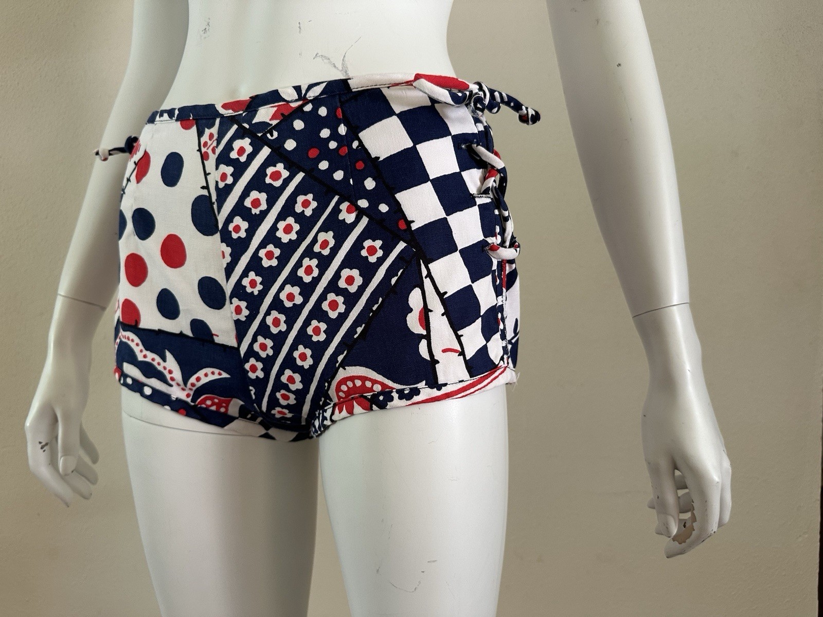 1960s Patchwork Print Lace Up Swim Bottoms Hot Pants Mod Floral Polka Dot S VTG