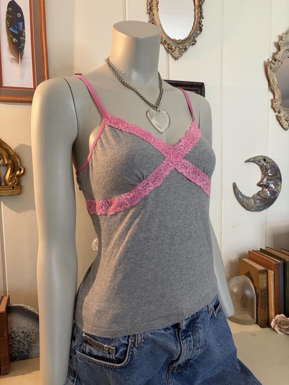 VTG Y2K VS Victoria’s Secret PINK Gray Pink Lace Trim Cami Tank Top Coquette L