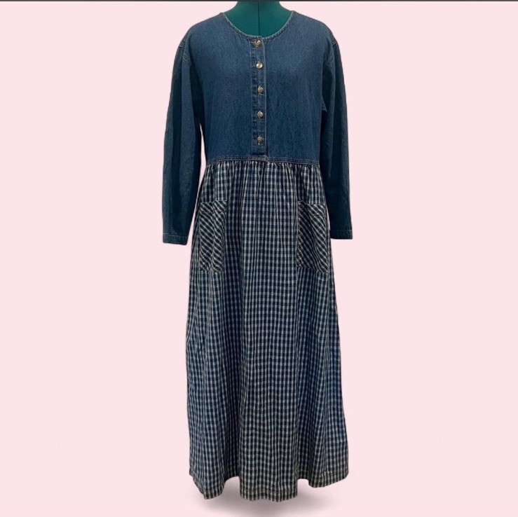 Vintage Denim Gingham Patchwork Maxi Dress Blue Cottagecore 90s