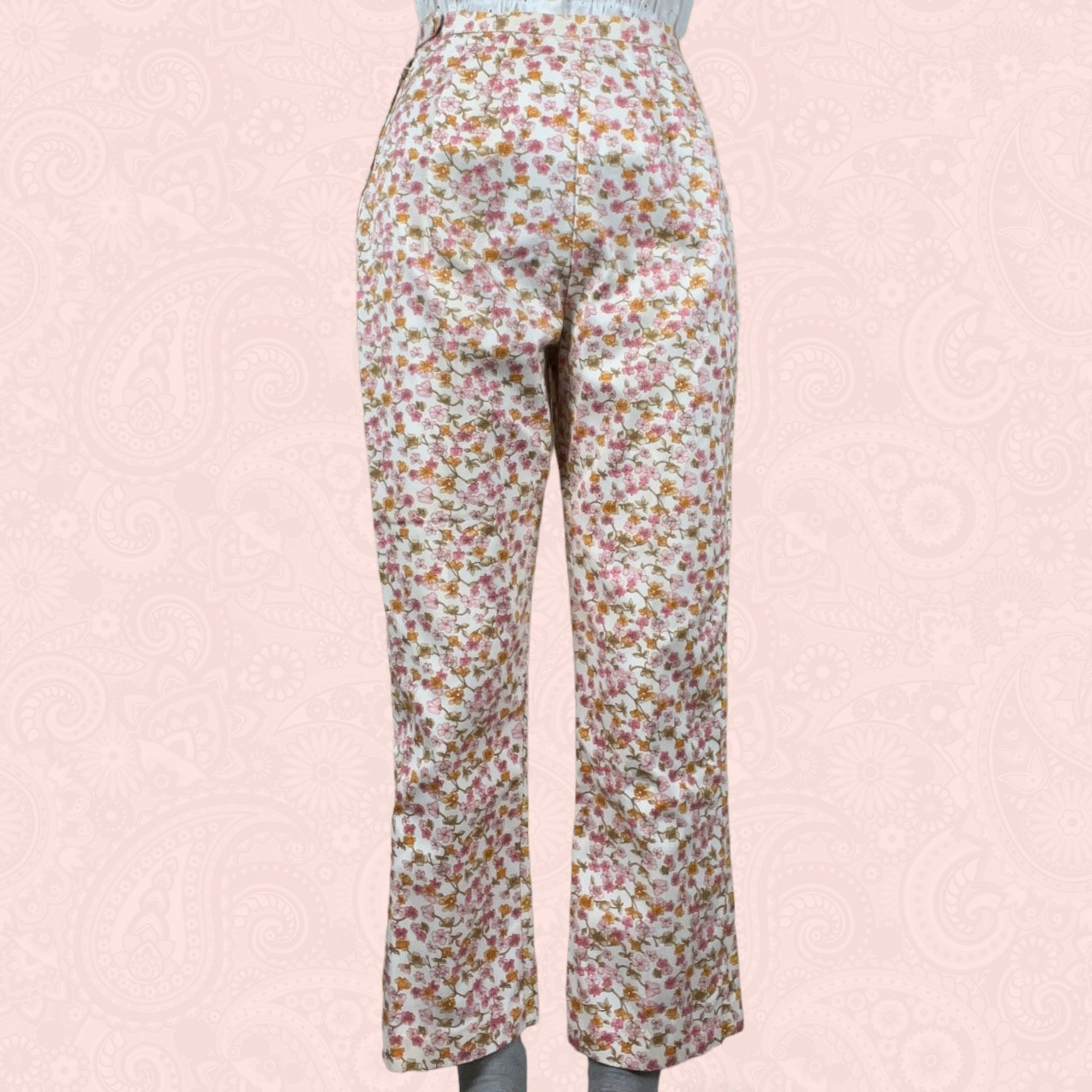 Vintage 70s Miss Holly White Pink Floral High Rise Flare Pants Trousers XS