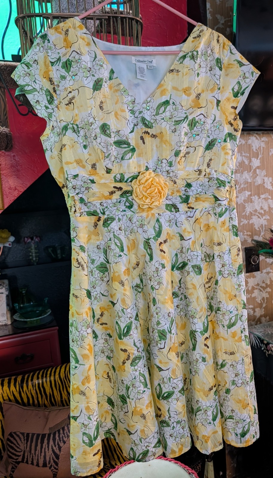 Coldwater Creek Women Cotton VTG Dress Sz 14P Yellow White Abstract Floral Retro