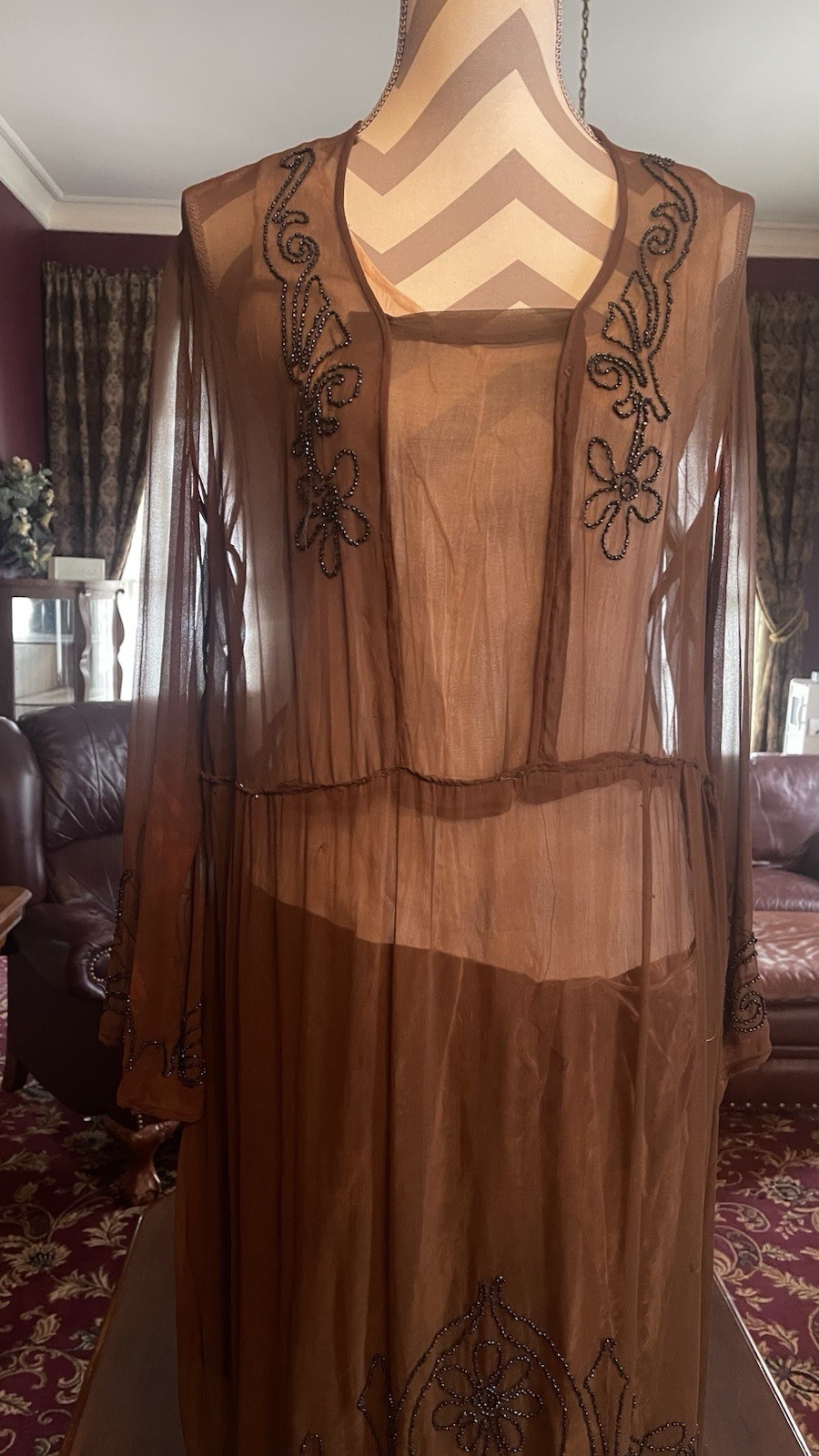Antique 1920s Brown Chiffon Crepe Flapper Dress Art Deco Black Beading