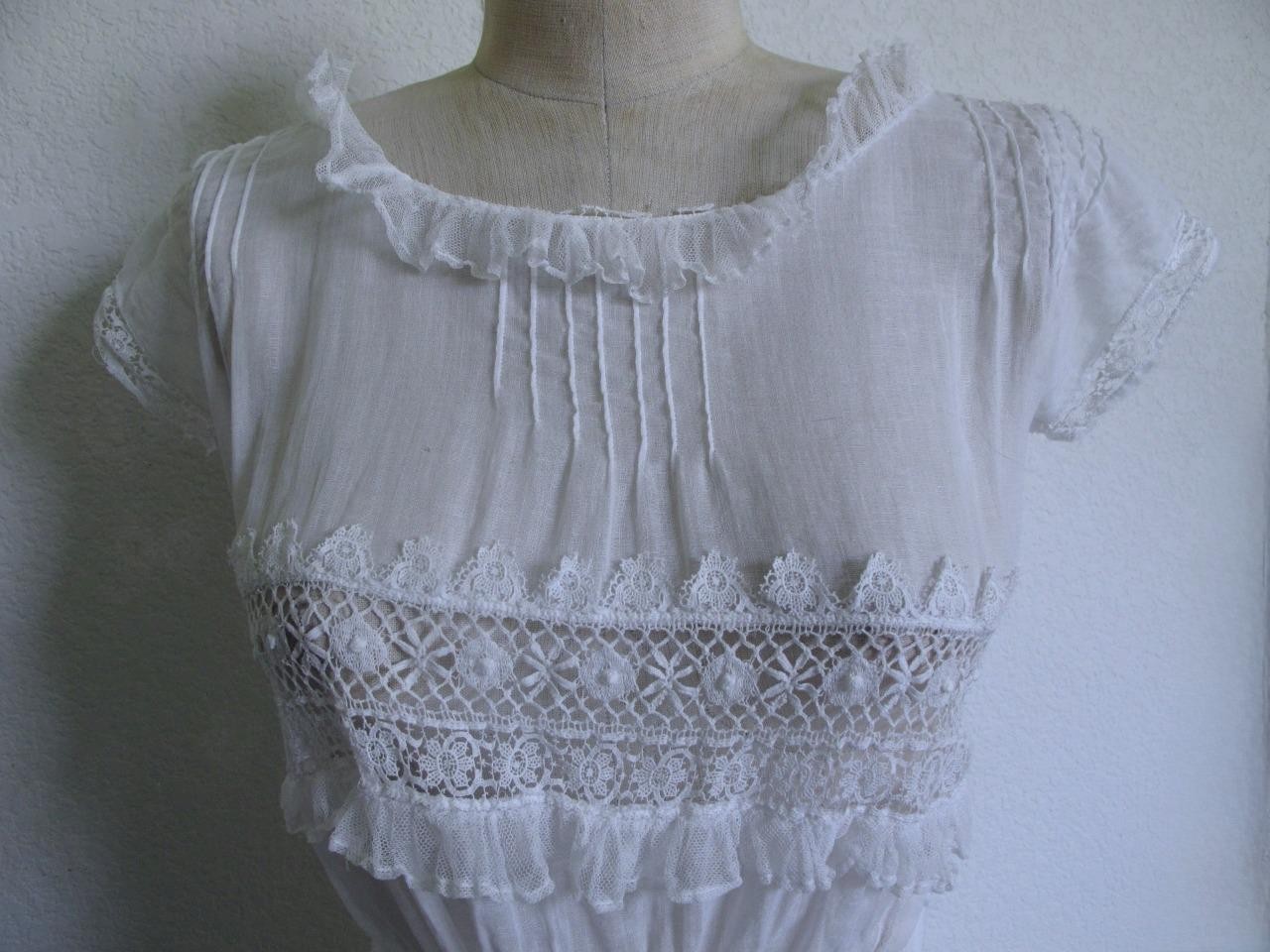Antique Victorian Edwardian White Sheer Voile Dress XXXS Lace Trim Pintucks