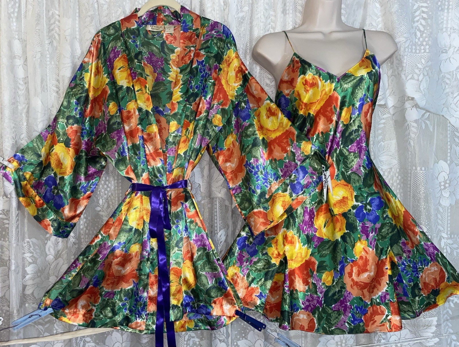 Vtg M+ Victoria&rsquo;s Secret Satin Floral Babydoll Peignoir Robe Nightgown Hong Kong