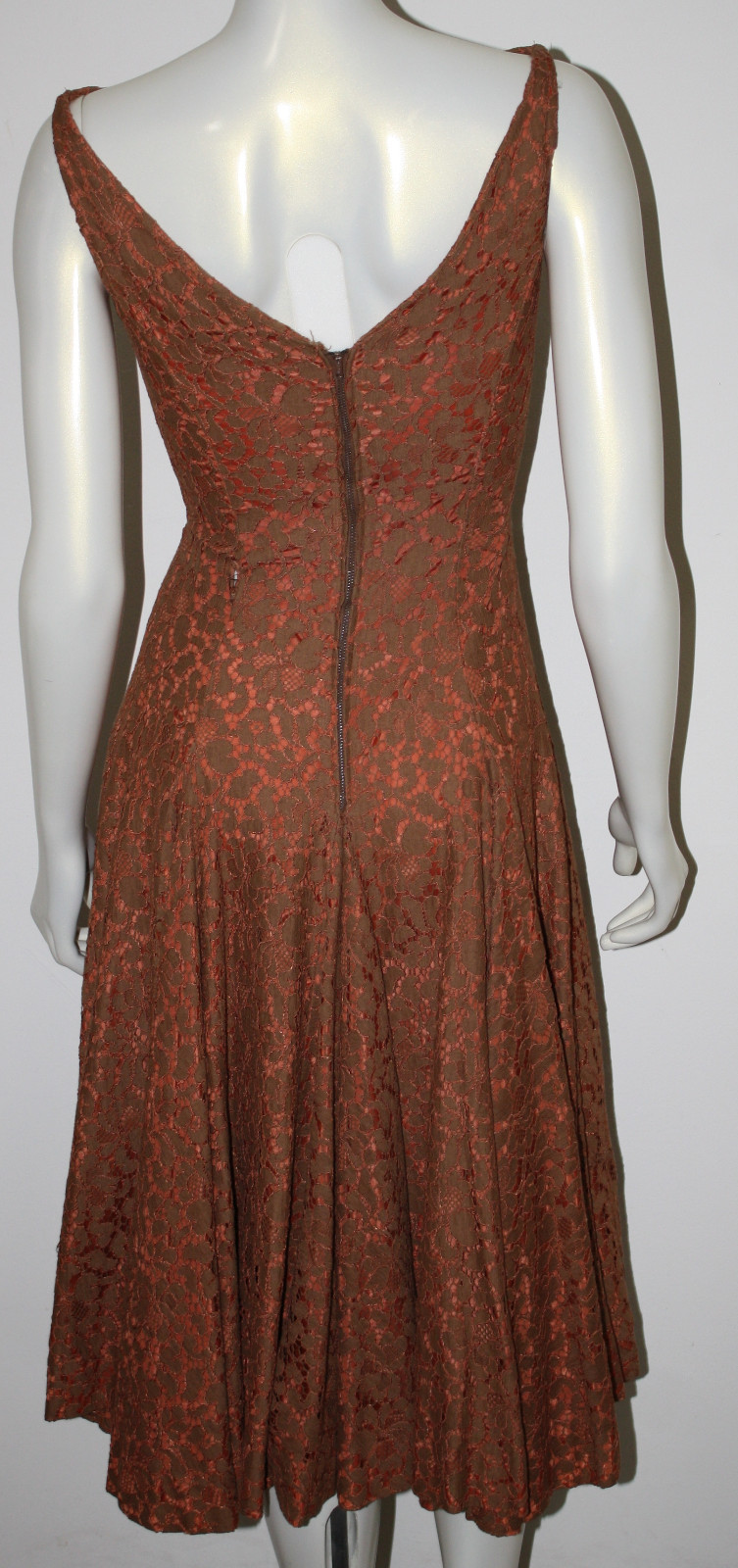 VINTAGE Orange Brown Lace Long Full Circle Dress XS S 0 2 4
