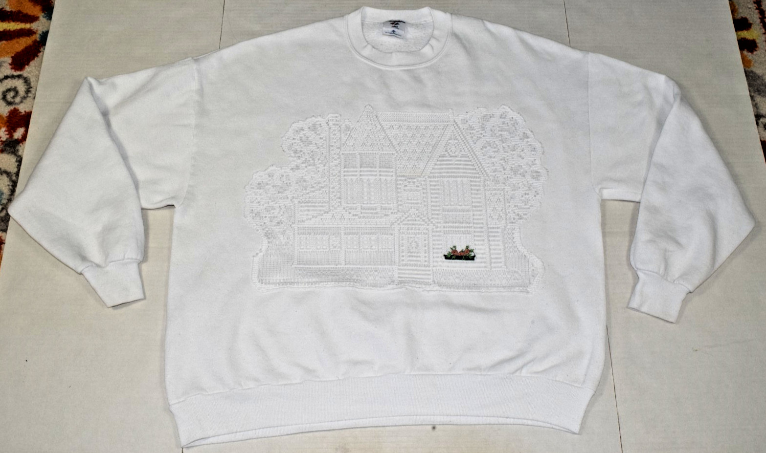 VTG Sweatshirt Jerzees Size 2XL 90s White Sheer Lace Country Farmhouse Applique