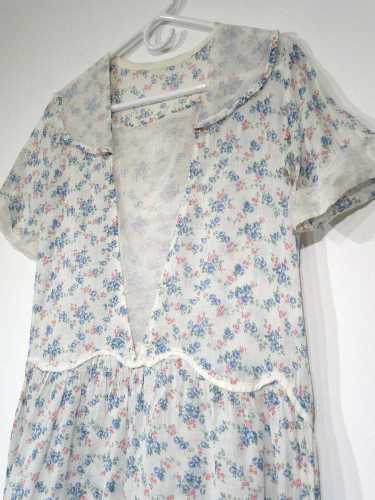 ANTIQUE VINTAGE DAY DRESS 1920S DROP WAIST COTTON FLORAL ORGANDY ART DECO M F4