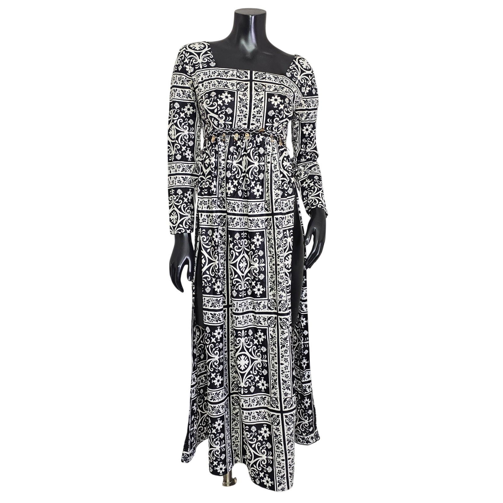 Vintage 70s Tea Timer Maxi Dress Black White Damask Side Slits Beaded Boho XS