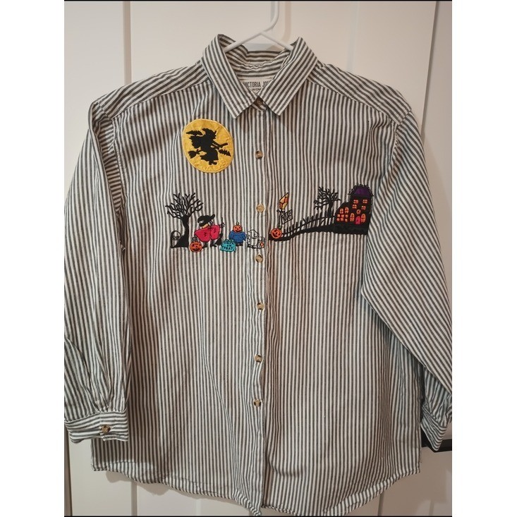 Vintage 90s Victoria Jo Embroidered Halloween Striped Button Down Top Sz 40/20W