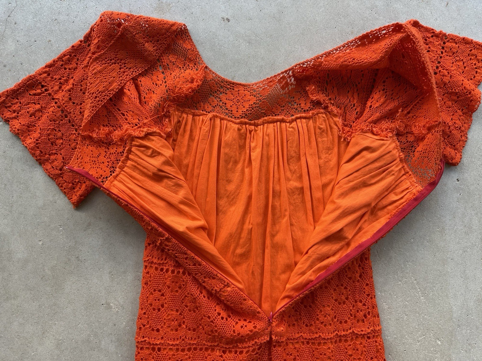 1970s Mexican Crochet Lace Maxi Dress Orange Cotton Boho Huipil XS S Vintage