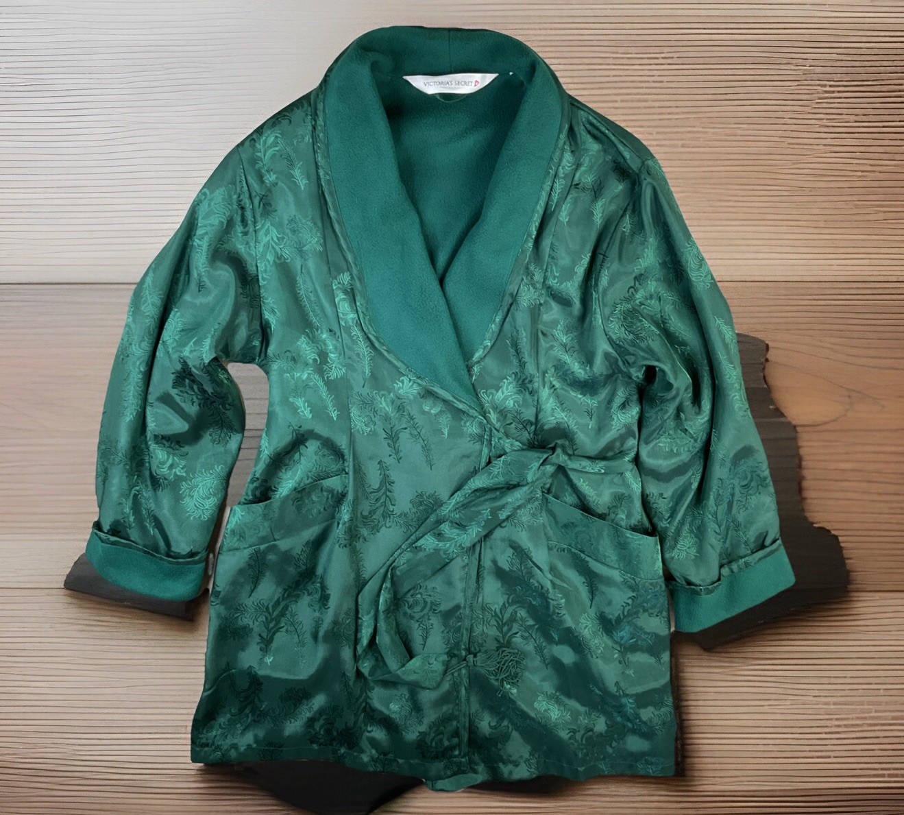 Vintage Victoria&rsquo;s Secret Robe Green Satin Floral Fleece Lined Pockets Belted