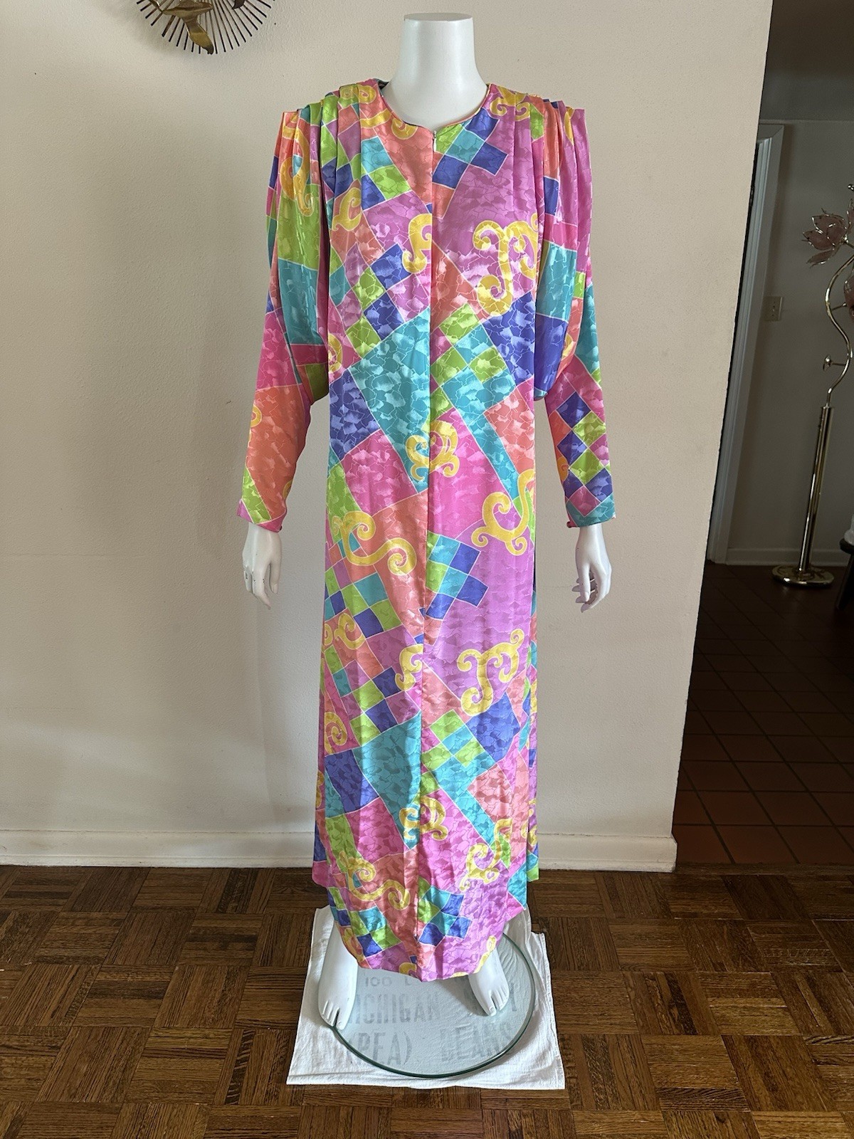1980s David Brown Brocade Hostess Dress Maxi Resort Geometric Neon Deco Mumu VTG