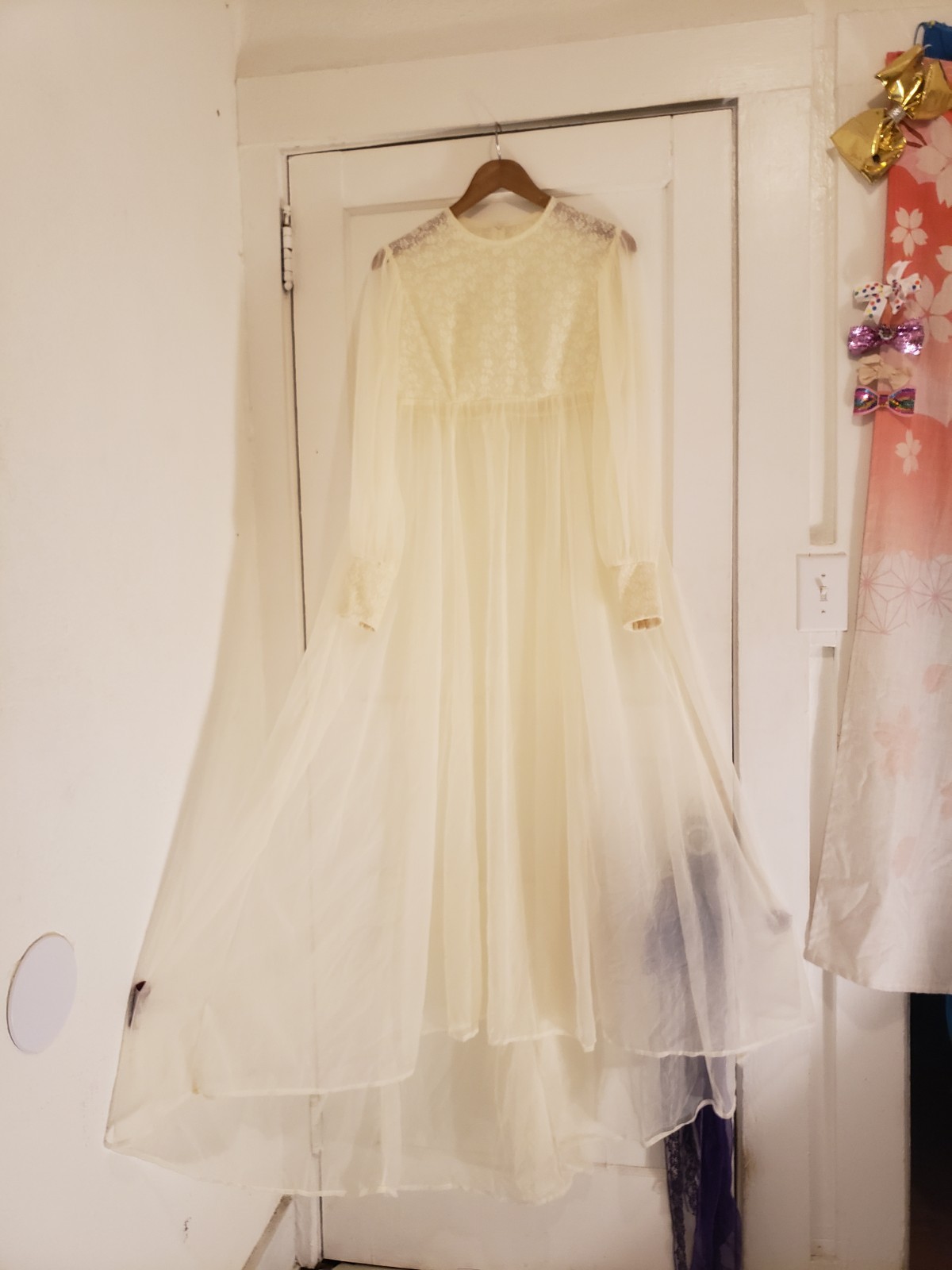 Vtg 60s Ivory Chiffon Maxi Floral Lace Dress Wedding Sheer Long Bishop Slv 70s