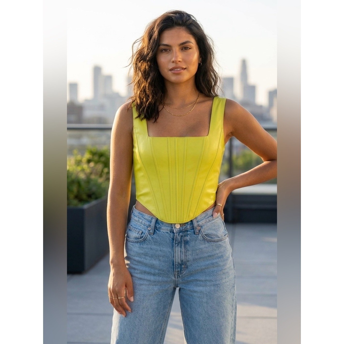 7 For All Mankind Lime Green Faux Leather Square Neck Corset Top smocked back