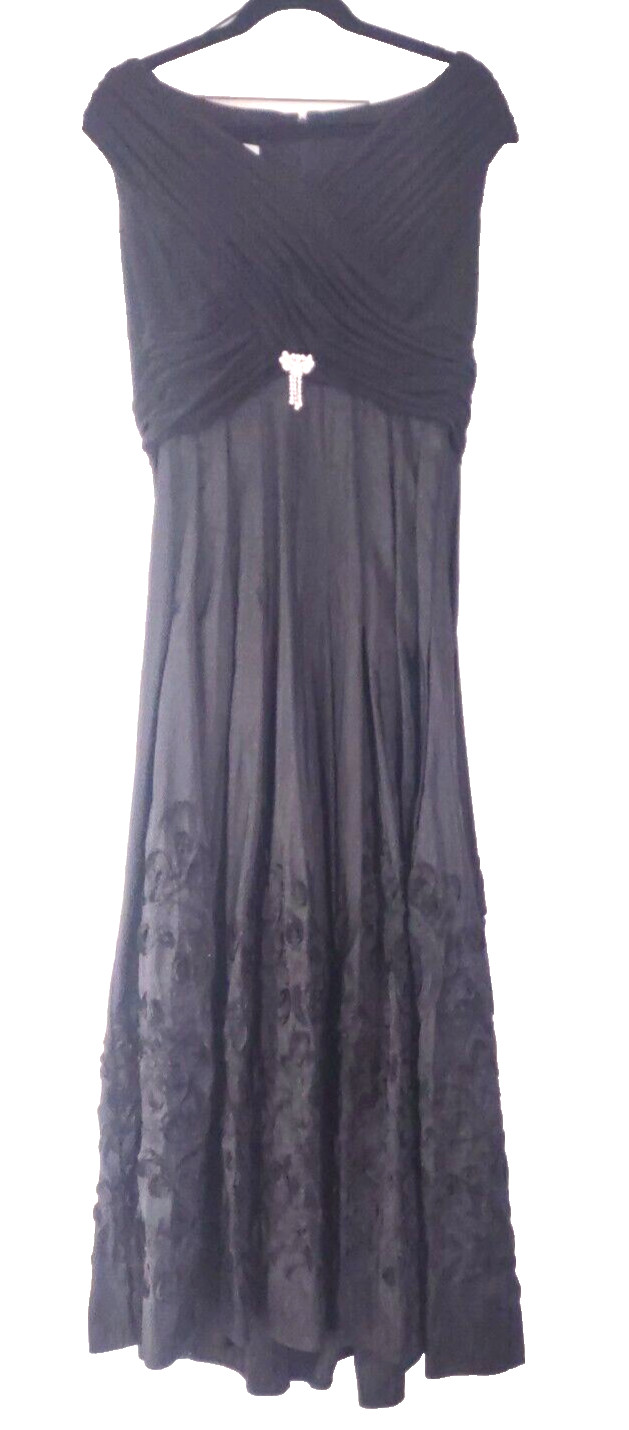 VTG Patra 14P Black Taffeta Skirt Jersey Top A-Line Long 55&Prime; Dress Removable Pin