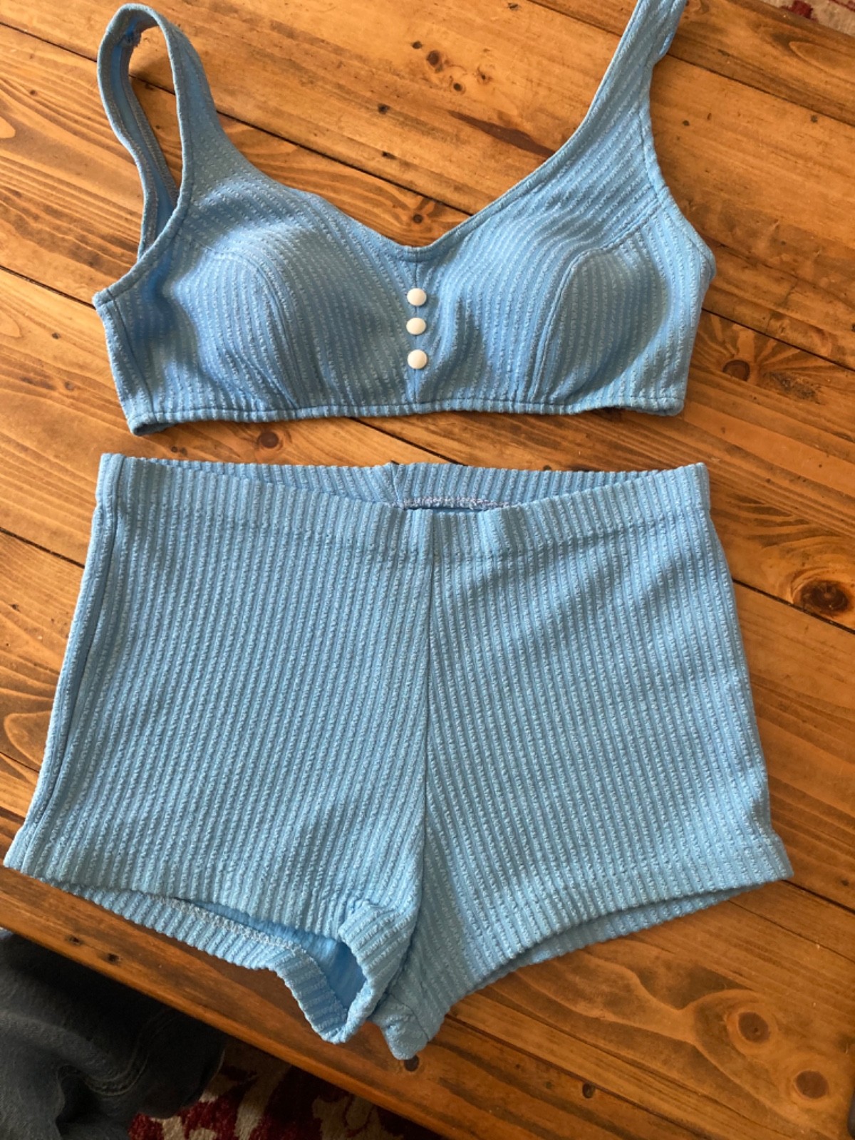 Vintage Sz 14 1960-70s Sky Blue Two Piece Bikini Set Knit Seersucker Stripe Mod
