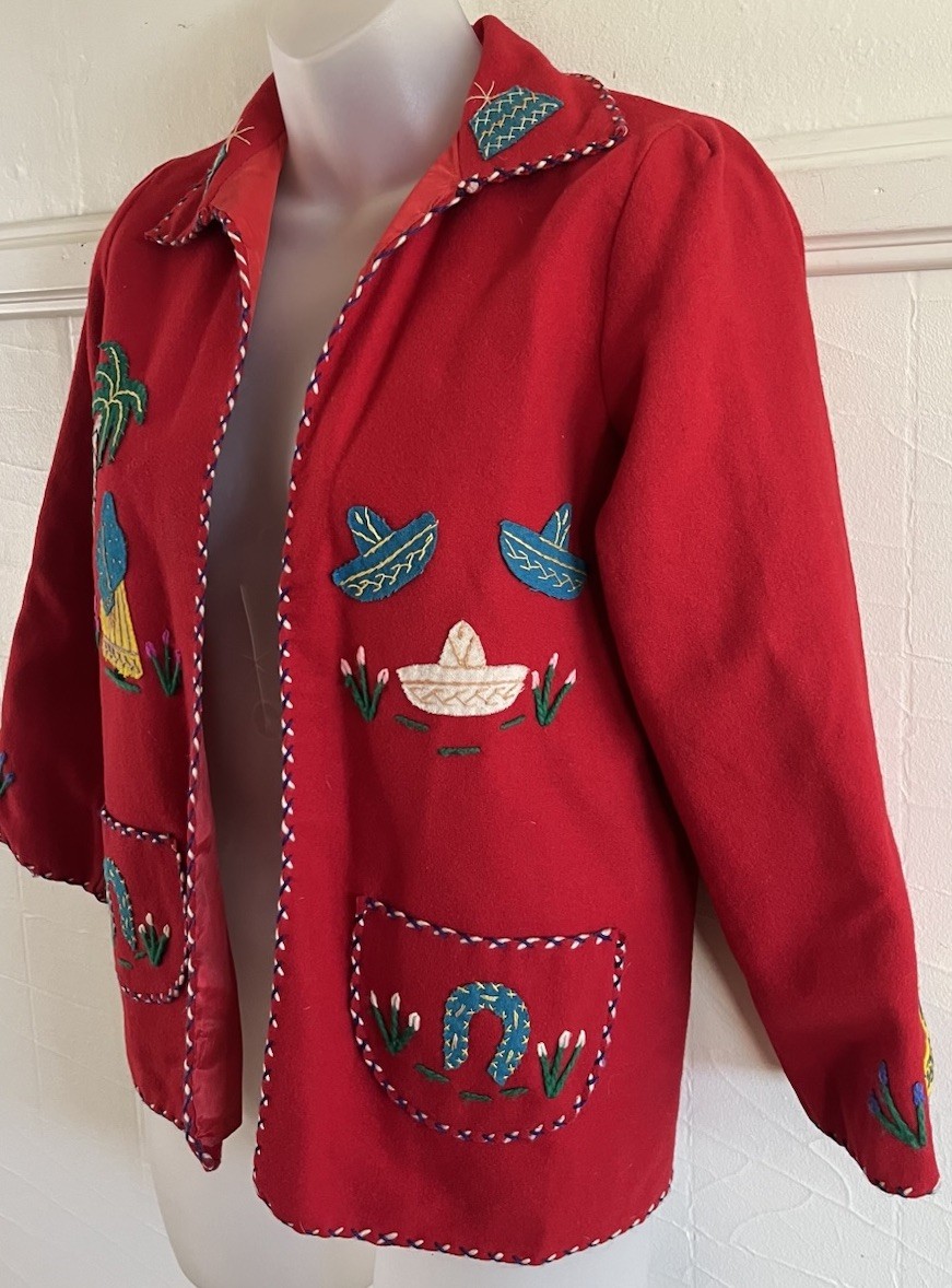 Vtg LOPEZ 1940s Mexican Wool Embroidered Tourist Jacket Bright Red-Sz XS EUC!