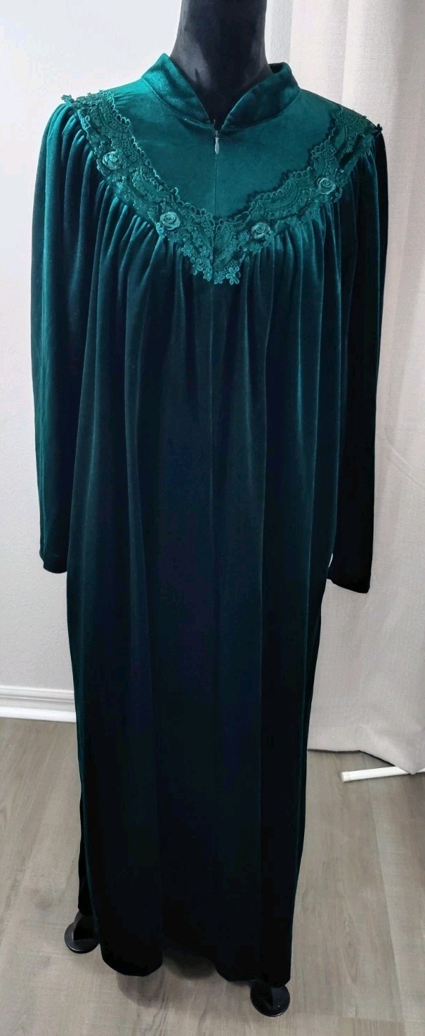 VTG 80s Komar Green Velour Caftan Robe Maxi House Dress Size L 16-18 Made in USA