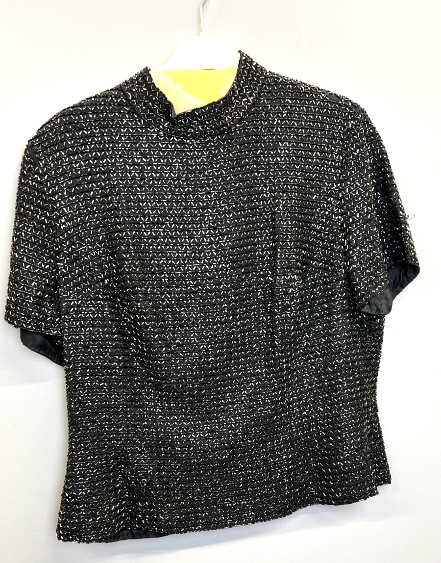 Oleg Cassini Black Tie Neiman Marcus Beaded Silk Blouse Top Vintage 90s Sz S