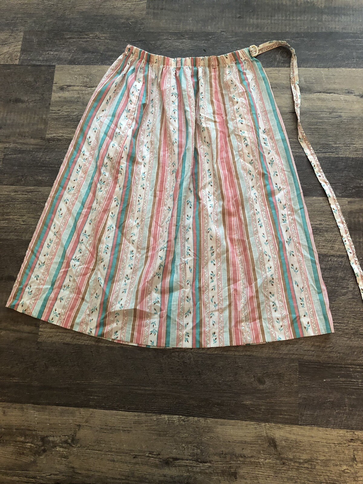 VTG 70s Koret Cream Cotton Tan Blue Multicolor Floral Striped Midi Skirt -XS/S