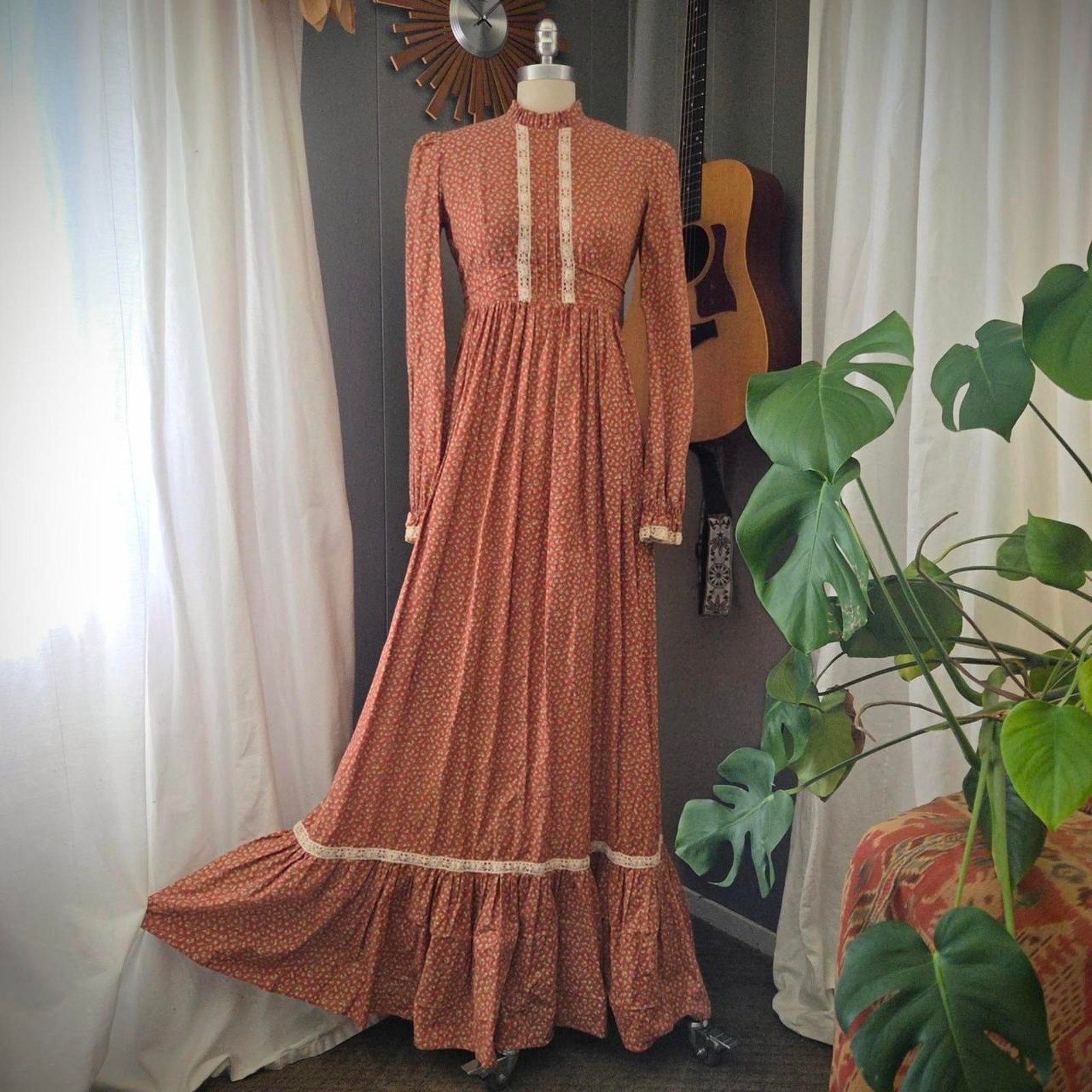 Homespun Vintage 70s Prairie Maxi Dress Size 7 S Floral Calico Orange Boho