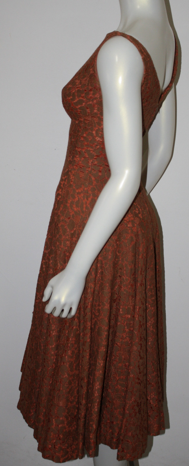 VINTAGE Orange Brown Lace Long Full Circle Dress XS S 0 2 4