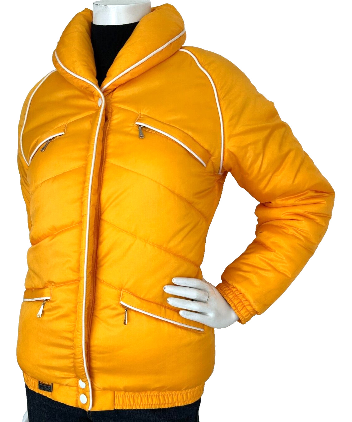 70s Speedo Puffer Jacket Size Small Zip Shawl Collar Pockets Long Sleeve Orange