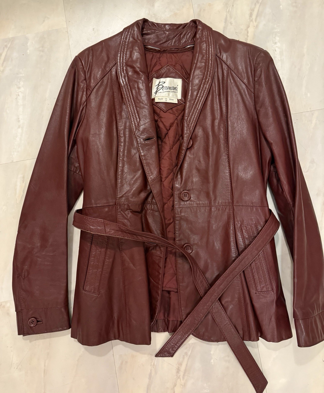 VTG Berman&rsquo;s Leather Jacket Women’s 14 Red Brown Maroon Belted Button Zip Lining