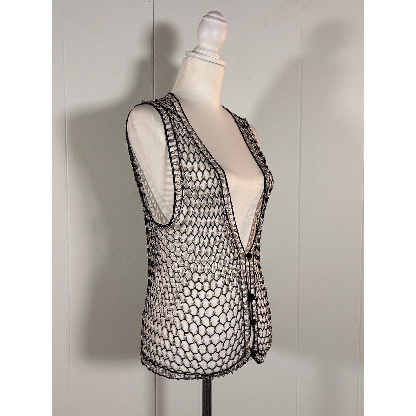 Vintage 90s Crochet Beaded Vest Women&rsquo;s M Boho Hippie Retro Goth Glam Festival