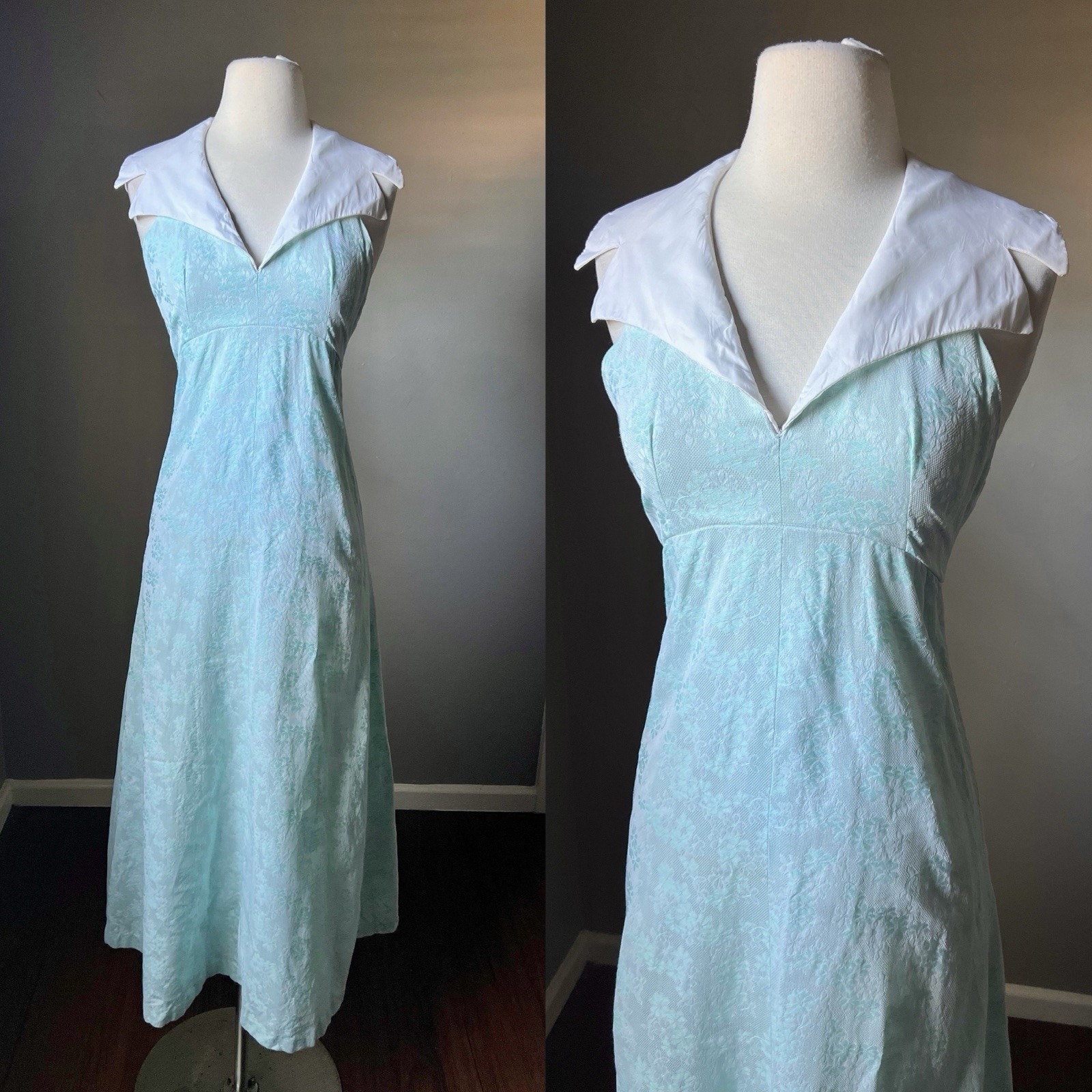 Vintage 60s 70s Maxi Dress XS Aqua White Floral Sailor Halter Jacquard Formal
