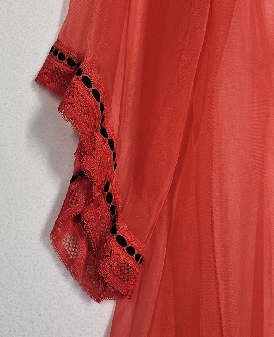 Vtg Pandora 2 Pc Sheer Peignoir Set Red Black Chiffon Small Babydoll Negligee