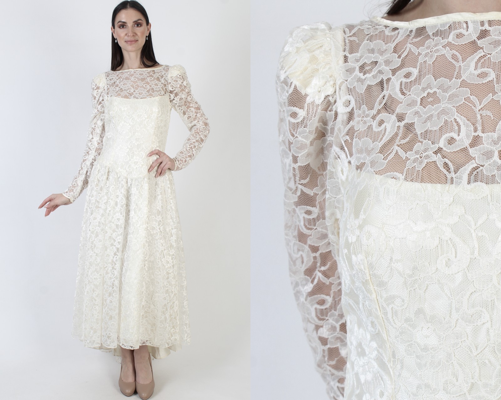 Vtg Alfred Angelo Asymmetrical Wedding Dress Victorian Cream Bridal Prom Gown