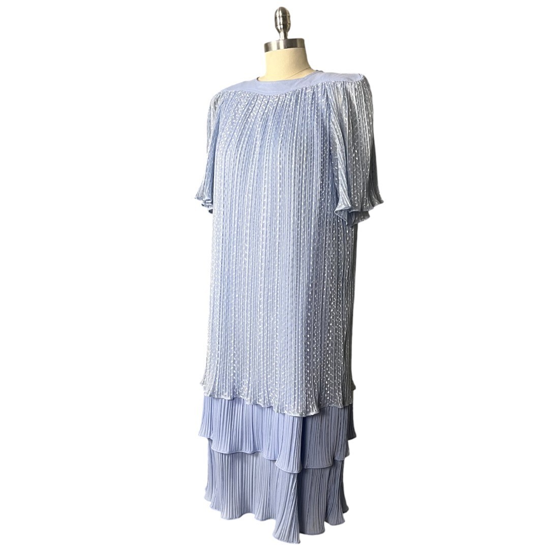 Vintage 80s Risa Ann Baby Blue Shimmer Pleated Tiered Dress S/M