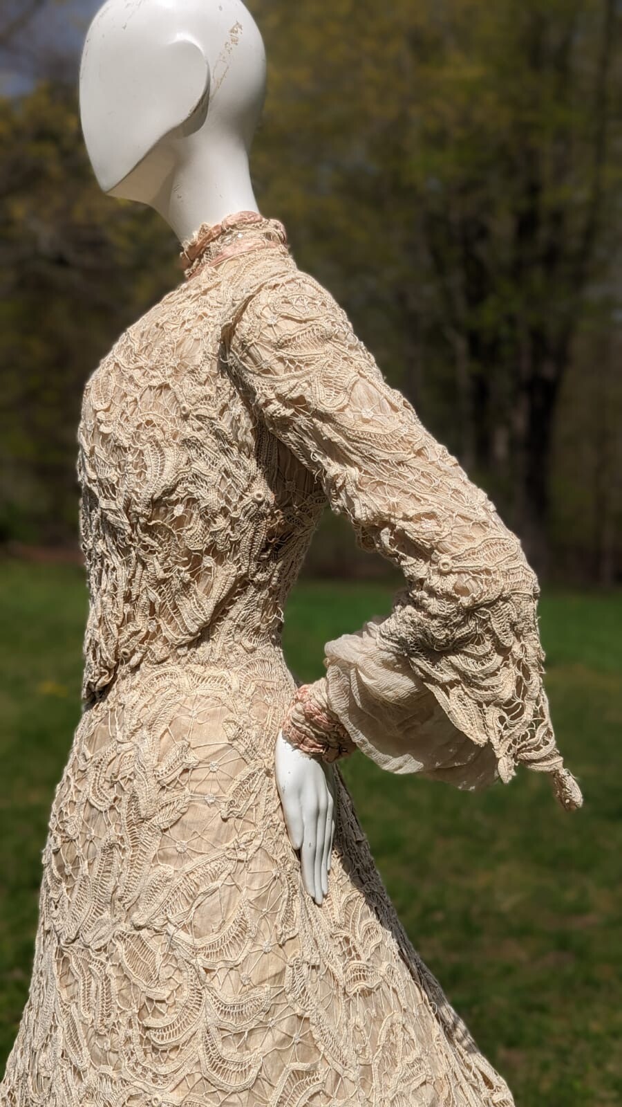 VICTORIAN HAND MADE BATTENBURG LACE DRESS W BELL SLEEVES + TRAIN