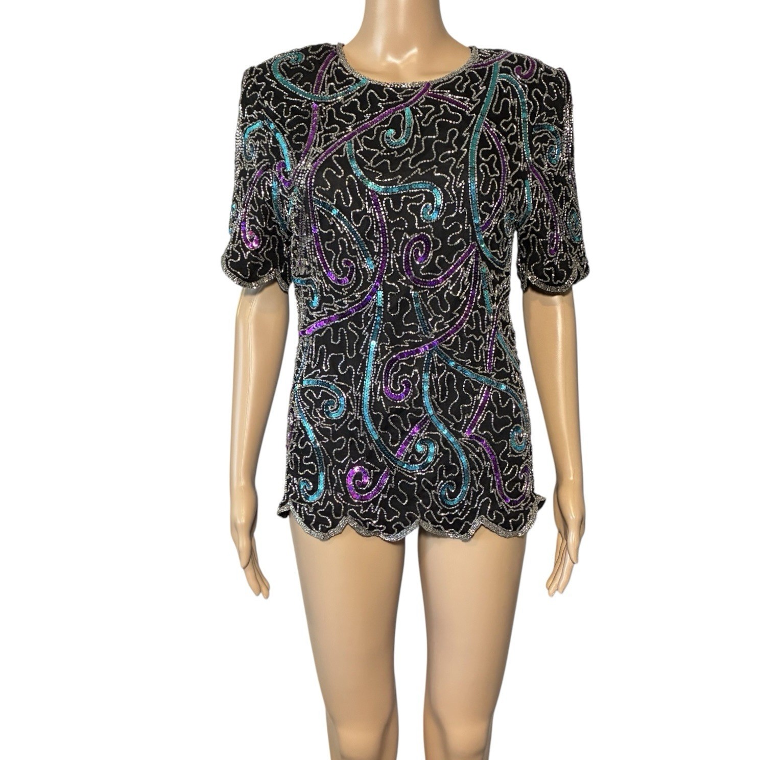 Scala Women’s Silk Beaded Blouse Size S Black Sequin Evening Top Formal Party
