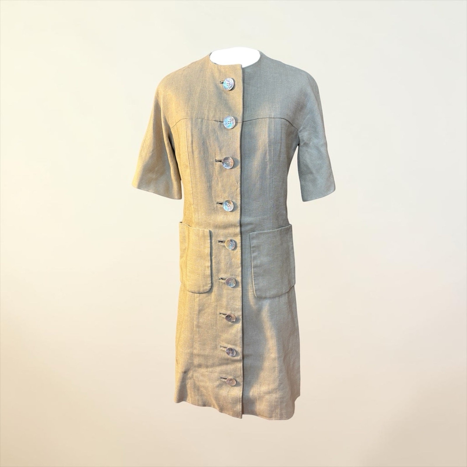 Oatmeal Linen Mod Dress 1960s Shell Button Shift Jackie O Pockets 36 38