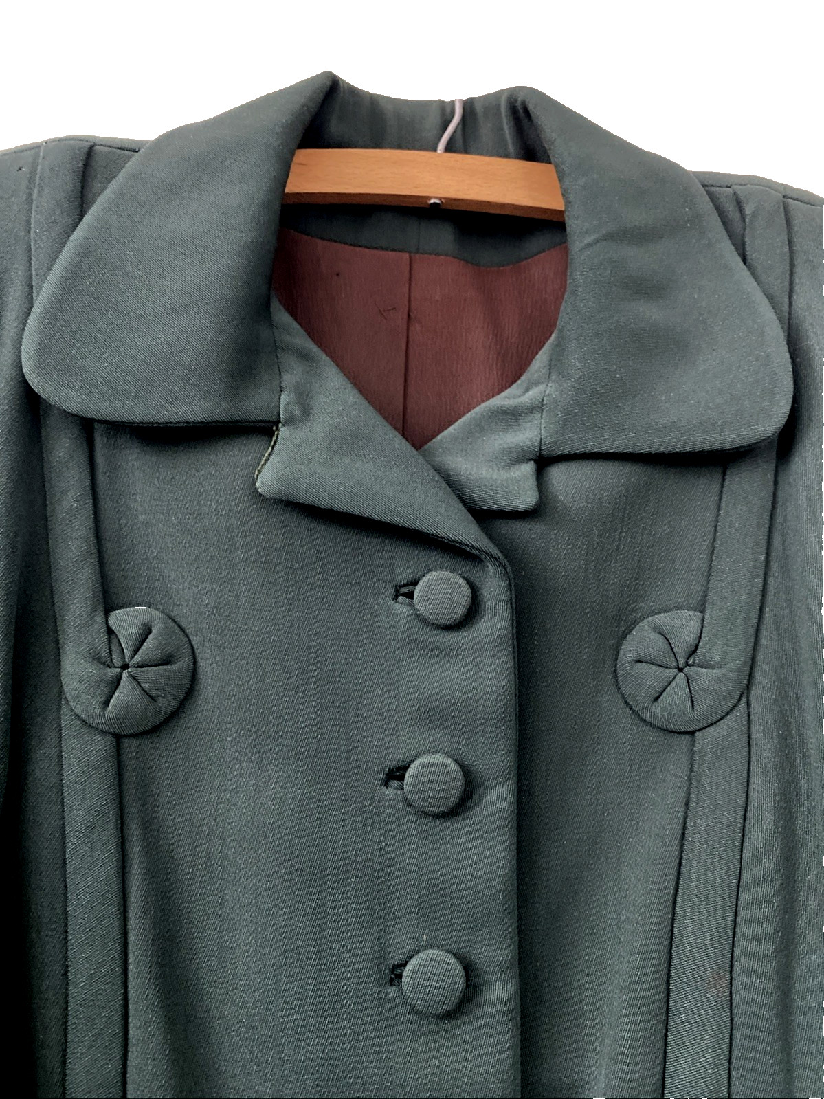 Vtg 40’s FORSTMANN Green Wool Gabardine Nipped 27&Prime; Waist Suit Jacket Skirt RARE