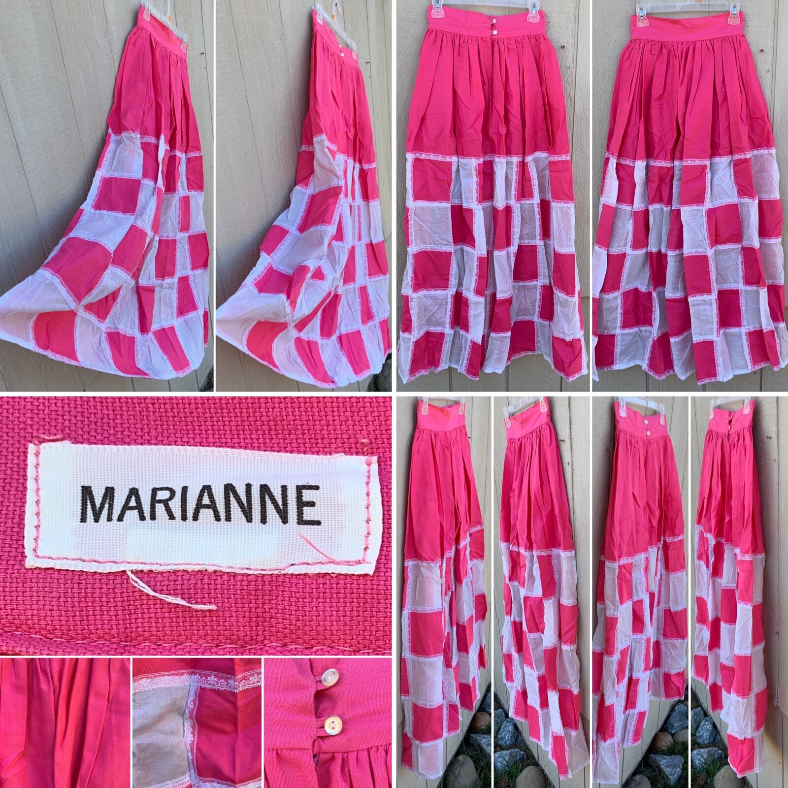 Vintage Marianne Pink & White Patchwork W/ Lace Maxi Skirt Hippie Boho 26” Waist