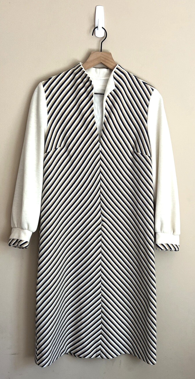 Vintage Dress Shift Poly Knit Stripe Zip Front 60s 70s Womens Medium 8 10