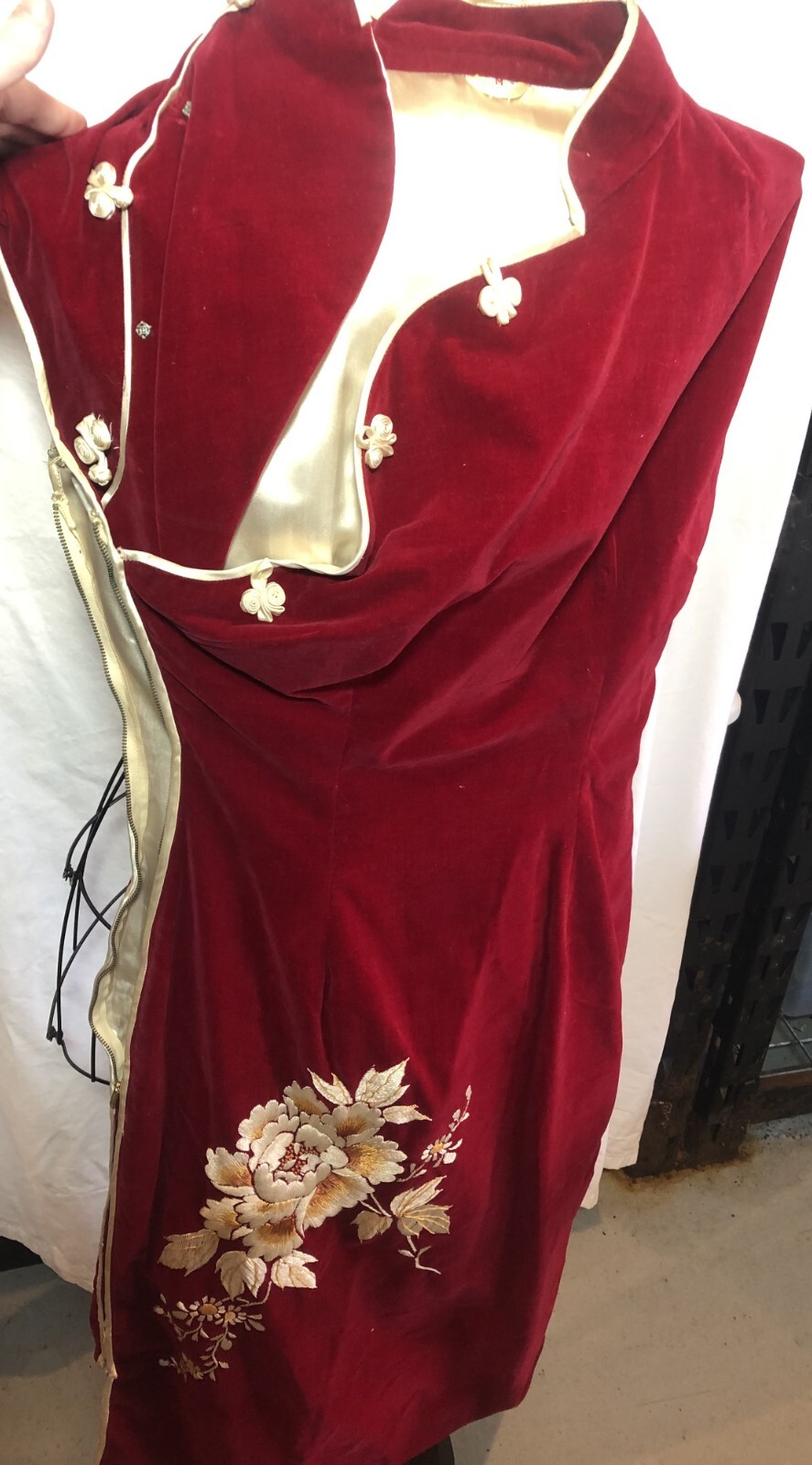 VINTAGE Handmade Oriental MEDIUM Red Velvet-Like Dress #ND