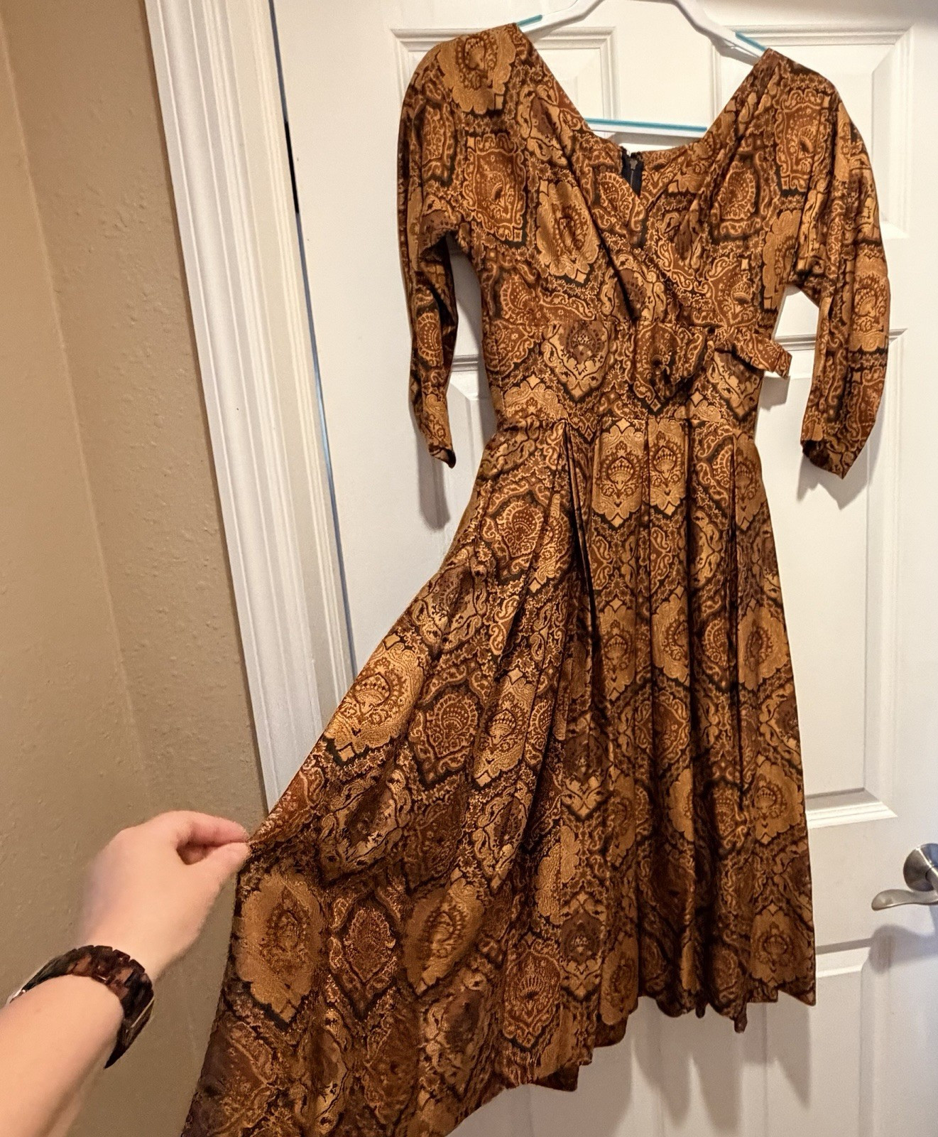 Vintage 50s 60s Fit & Flare Evening Dress Swing Skirt XS Copper Brown Paisley
