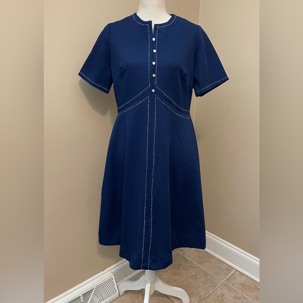 Vintage 1960s Toni Todd Navy A-Line Dress White Stitch Pearl Buttons M