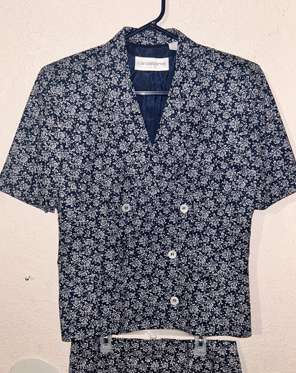 Vtg Liz Claiborne Knee Length Skirt Sz 8 Suit Jacket Blazer Sz 6 Blue Floral Y2K