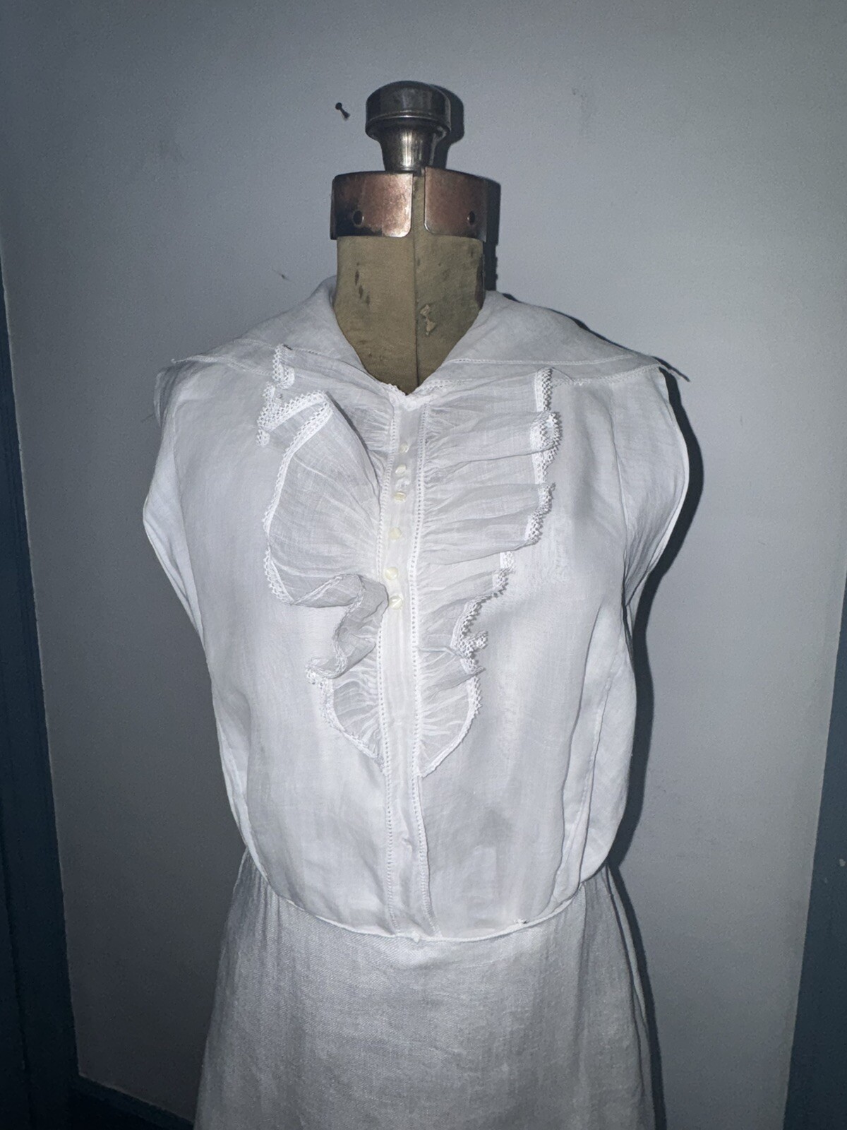Antique C1910 Edwardian Ladies White Linen & Organdy Tennis Dress Unusual Find